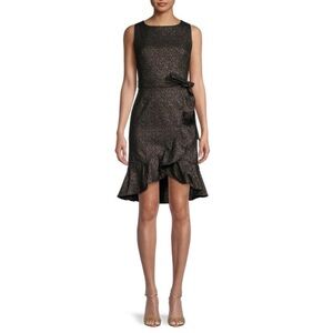 Calvin Klein Black Metallic Sparkle Ruffle Sheath Cocktail Dress 14 Holiday Glam